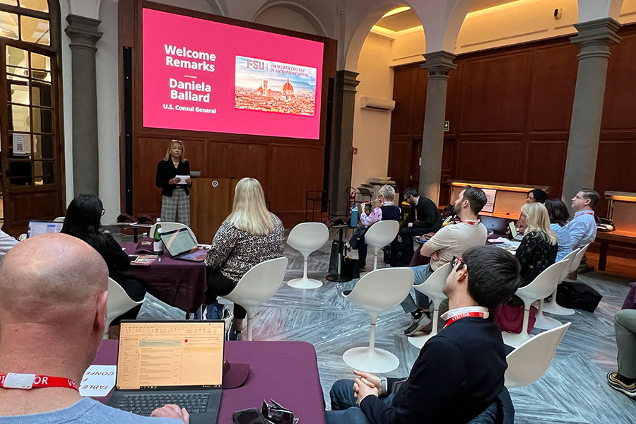 Attendees listen to U.S. Consul General in Florence Daniela Ballard at the 2025 Theories of Family Enterprise Conference, which took place April 3-5 at the FSU Florence Study Center in Florence, Italy. (FSU Florence/Costanza Menchi)