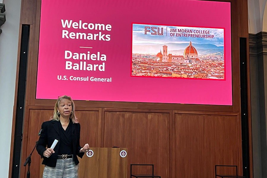 U.S. Consul General in Florence Daniela Ballard welcomes attendees to the 2025 Theories of Family Enterprise Conference, which took place April 3-5 at the FSU Florence Study Center in Florence, Italy. (FSU Florence/Costanza Menchi)